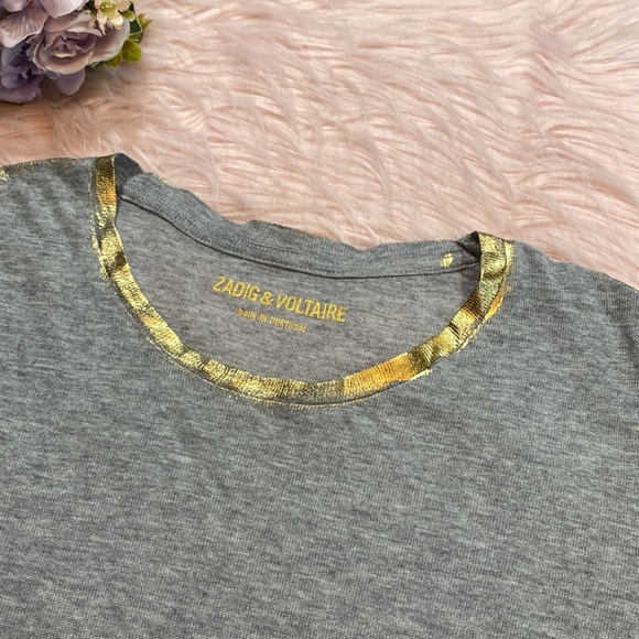 Zadig & Voltaire Willy Gold Grey Long Sleeve Tee sz XS - Picture 3 of 10